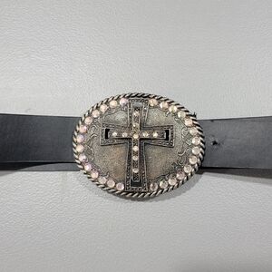 Rhinestone Cross Western Belt Buckle on Black Belt